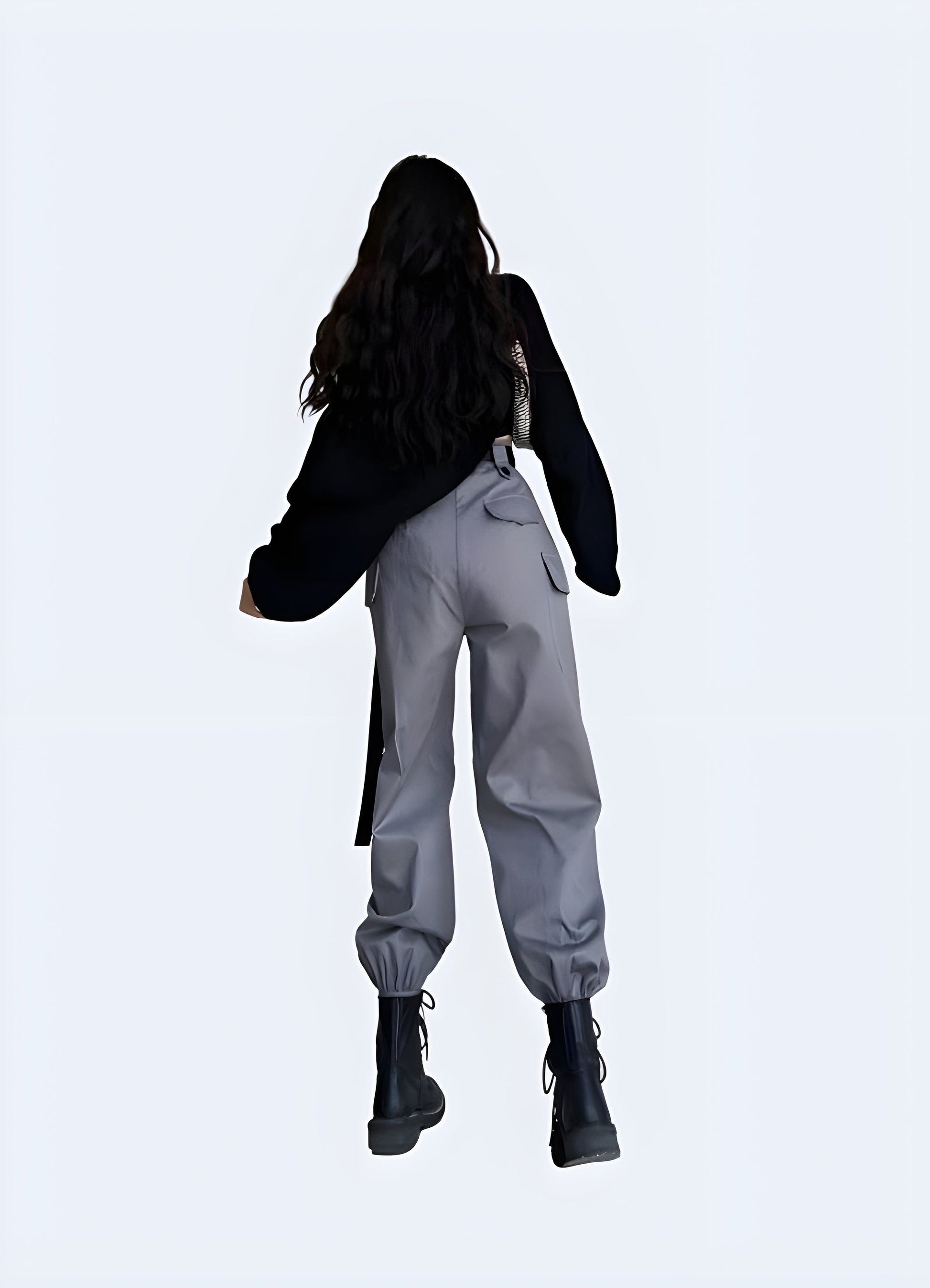 Back view of a model wearing women's techwear joggers grey, highlighting the trendy and functional style ideal for the Canada techwear fashion scene.