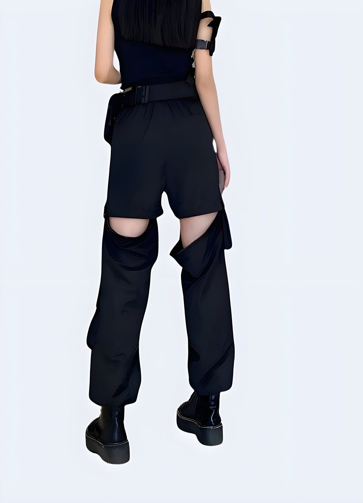 Cargo pocket detail on women's high-waisted techwear cargo pants