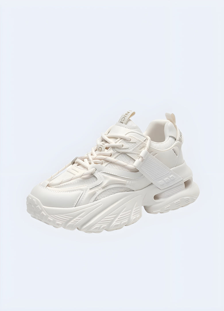 Side view of white cream women's chunky techwear shoes in Canada, showcasing their modern aesthetic and versatile appeal for everyday wear.