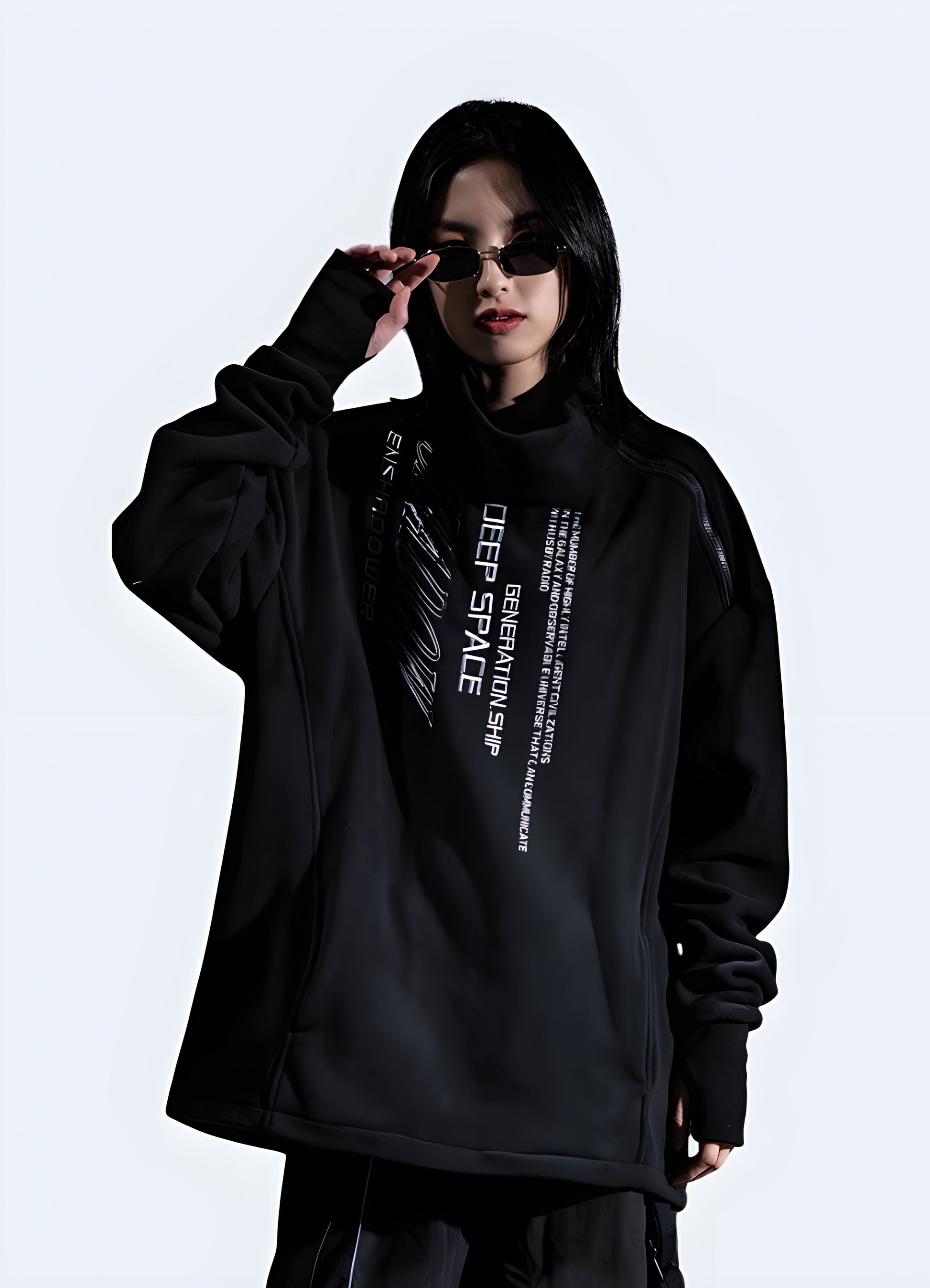 Women's cyberpunk black fleece pullover available in Canada, combining futuristic style with cozy comfort.