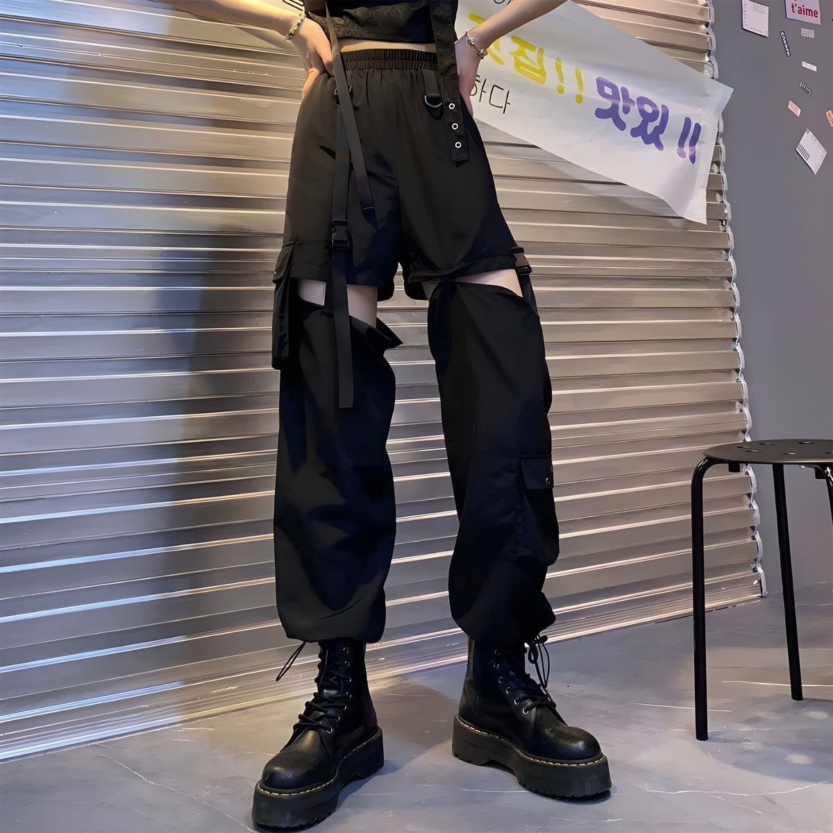 Full-length view of women's high-waisted streetwear cargo pants
