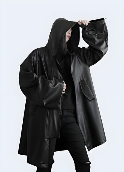 Durable womens leather rain oversized parka designed for optimal protection against the elements in the Canada.