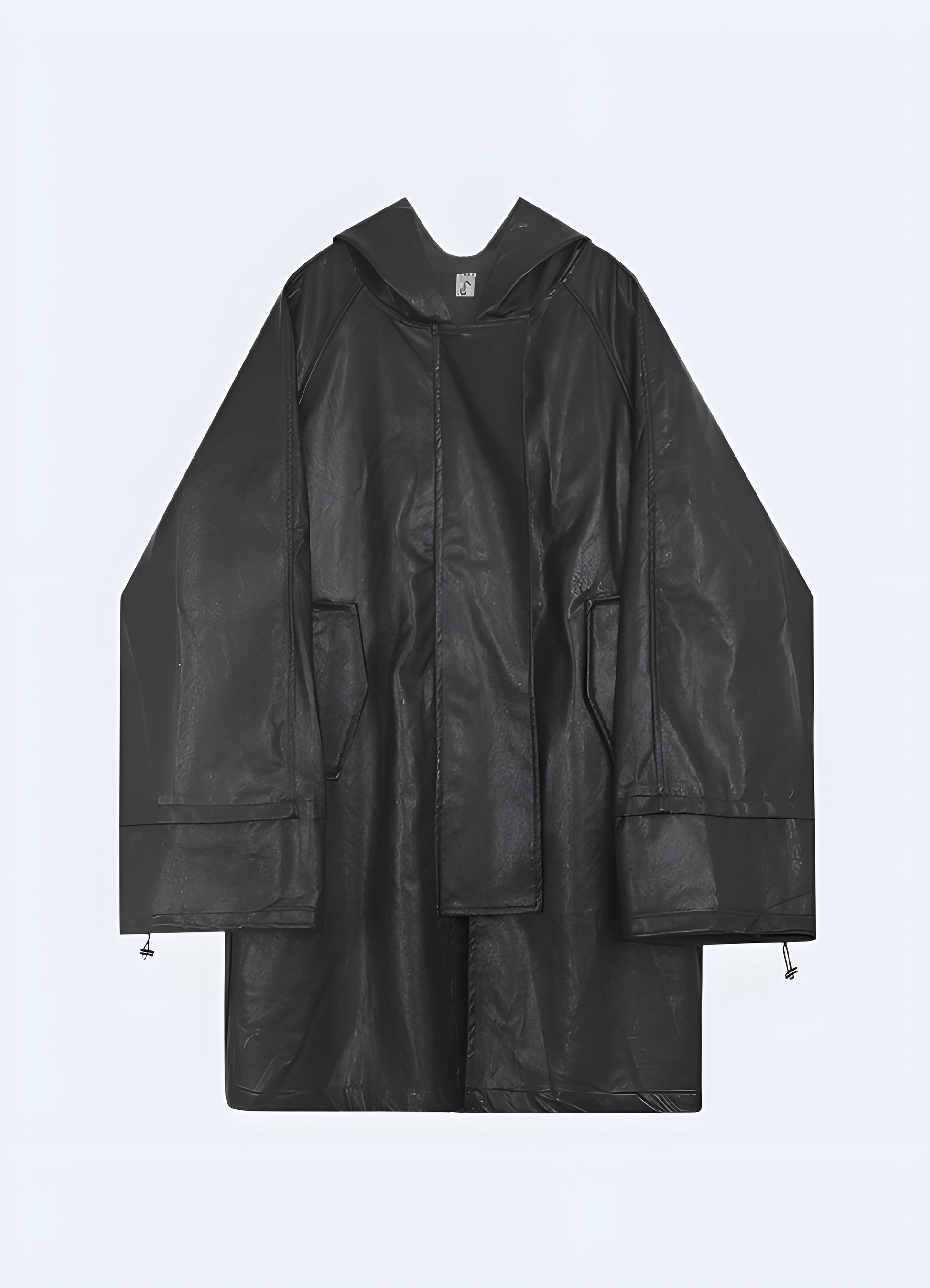 Front view of a womens leather rain oversized parka, emphasizing its high-quality construction and versatile style for staying dry and comfortable in the Canada.