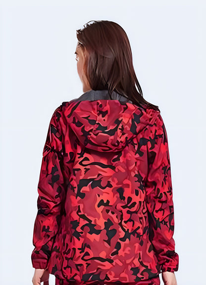 Back view of a women's red camouflage tactical jacket featuring a cinched waist and additional storage pockets, perfect for outdoor enthusiasts in the Canada.  