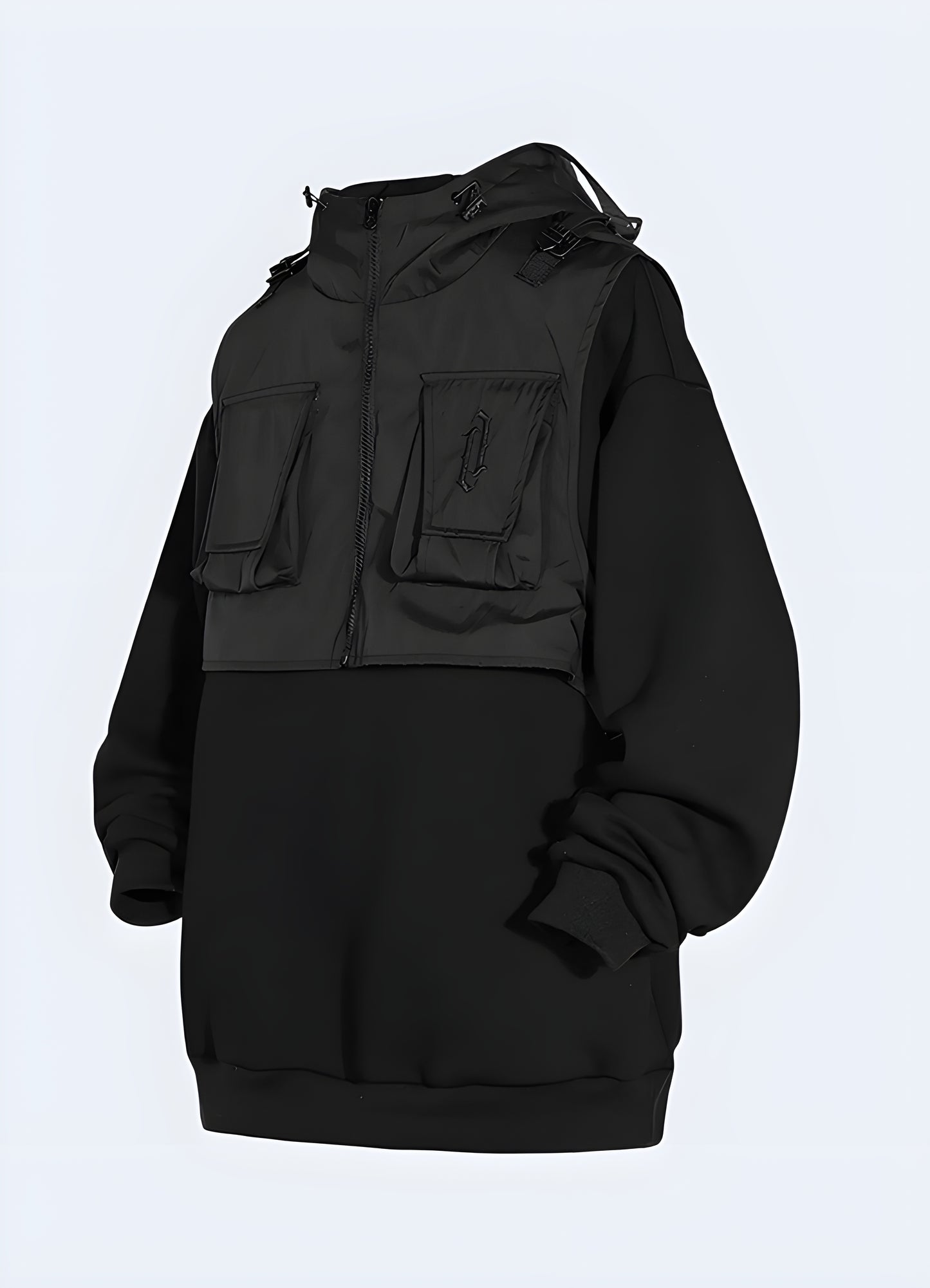 Women's black technical hoodie, showcasing detailed front and side views, available for purchase in Canada.