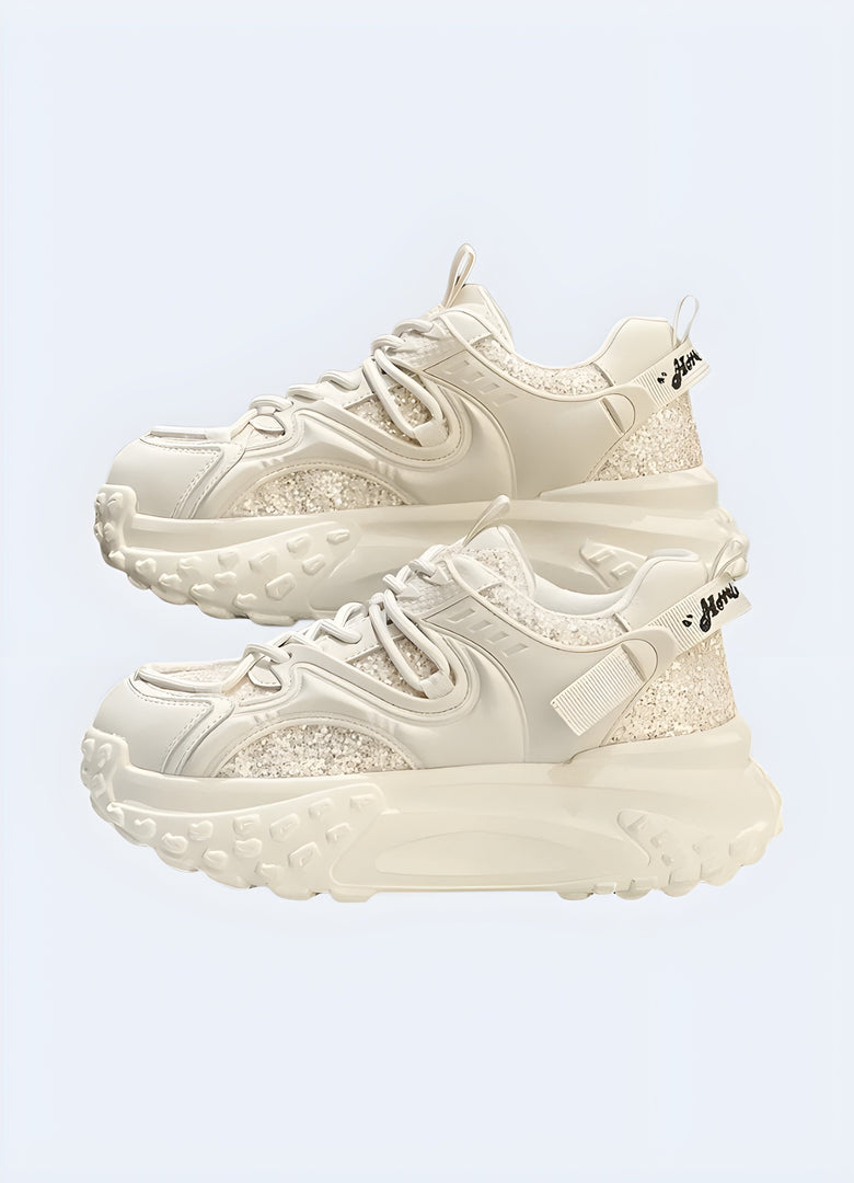 White side view of women's techwear high-sole sneakers in Canada, highlighting their sleek design and versatile appeal.