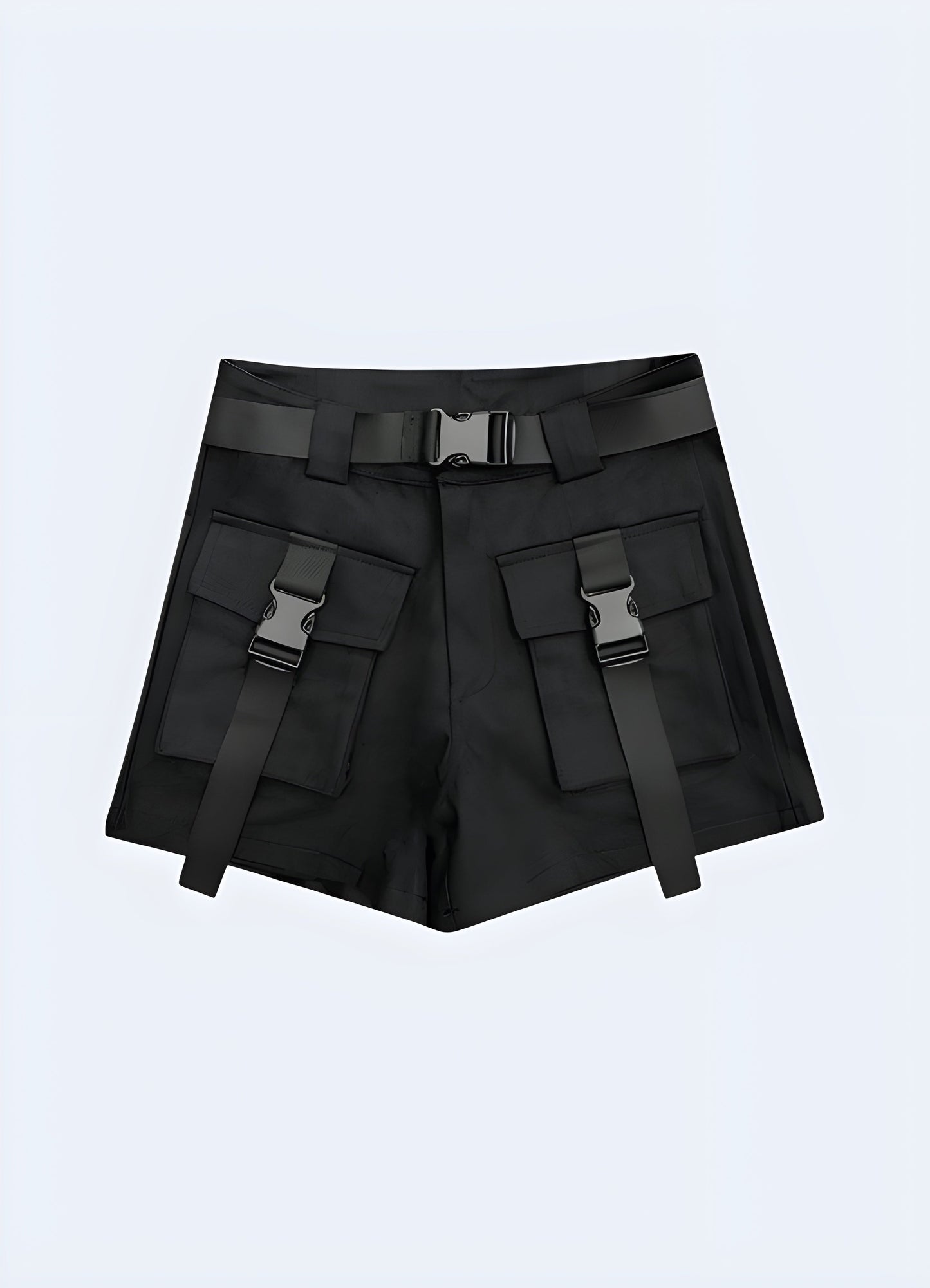 Edgy black techwear shorts for women, featuring a sleek design and practical details, perfect for urban fashion enthusiasts in the Canada.