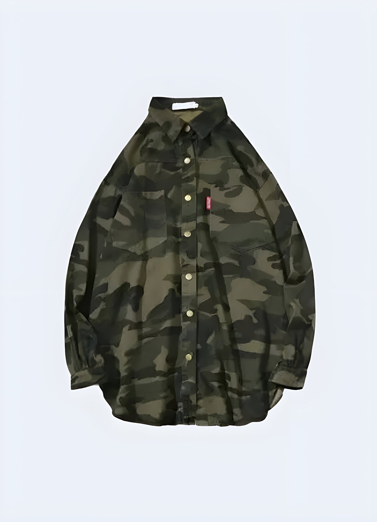 Front view of a women's techwear street camo jacket, showcasing its bold camouflage pattern and modern silhouette for fashion-forward women in the Canada.