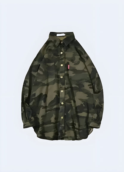 Front view of a women's techwear street camo jacket, showcasing its bold camouflage pattern and modern silhouette for fashion-forward women in the Canada.