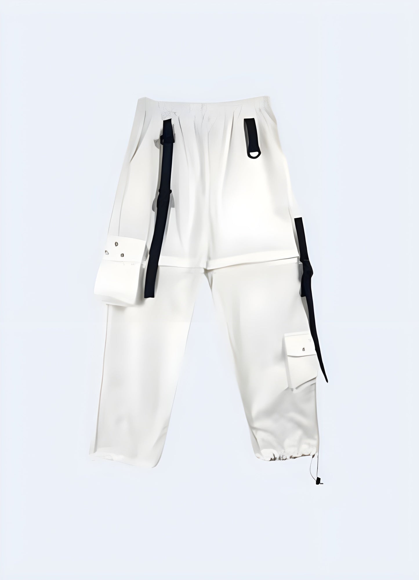 Female model showcasing the front view of women's techwear white pants, emphasizing the contemporary design and functional features, perfect for the Canada market.