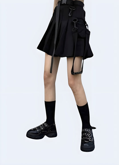 Front and side view of a woman modeling a korean techwear skirt, showcasing the cutting-edge silhouette, technical fabrics, and futuristic aesthetics for a bold fashion statement.