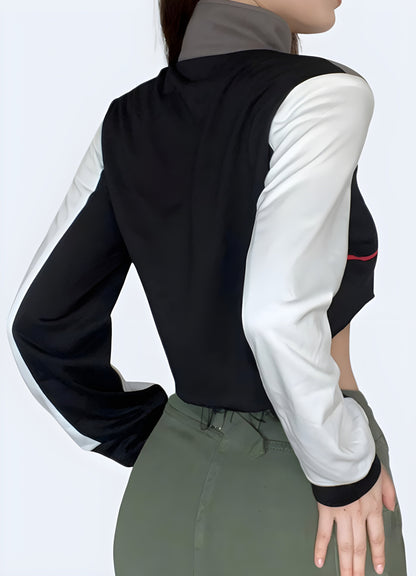 Back view of a woman sporting a motorcycle pullover crop top, highlighting its high-quality materials and attention-grabbing design for a standout fashion statement in the Canada.