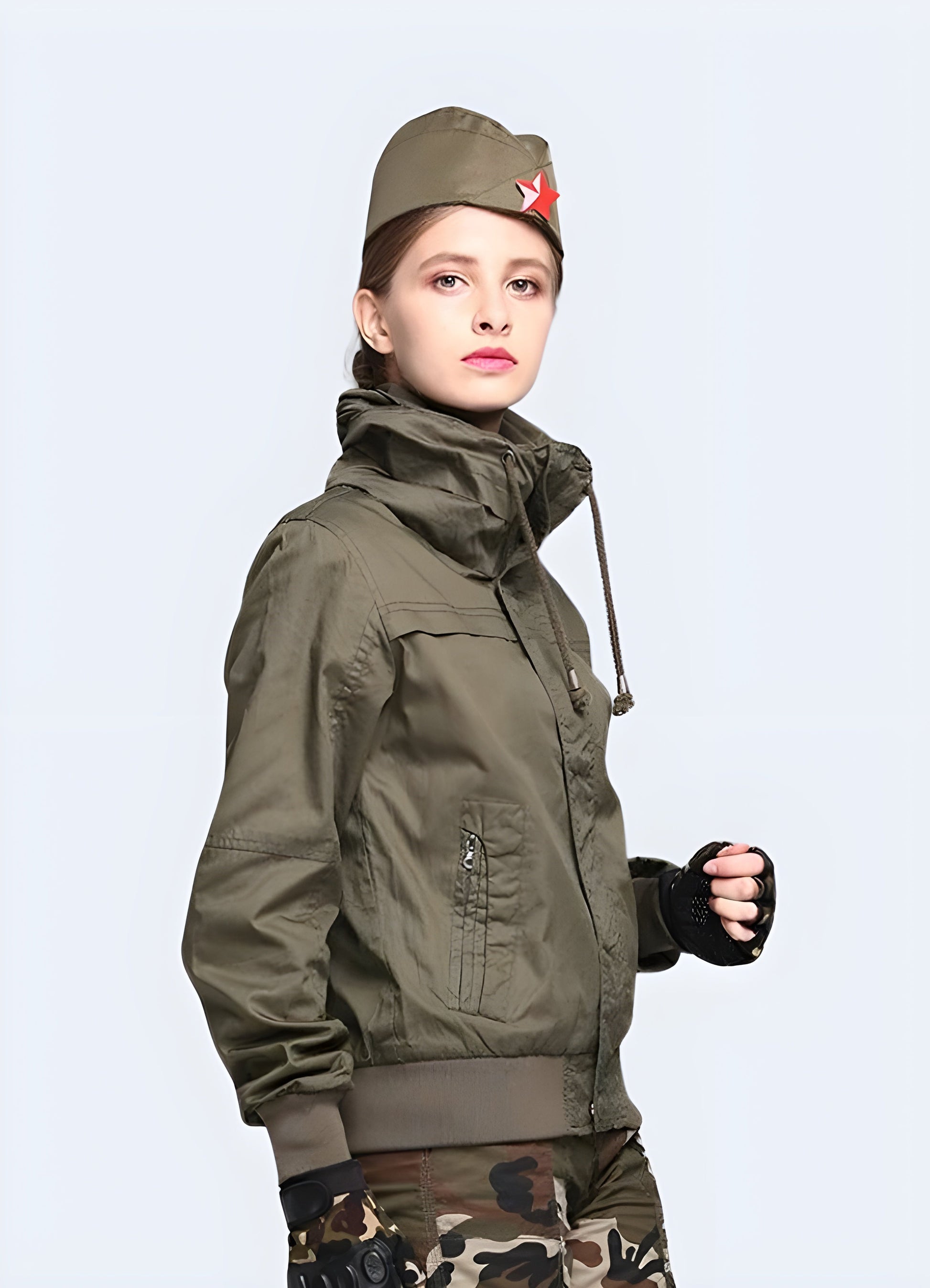 A right side view of a woman donning a durable and versatile women's tactical jacket, crafted in the Canada for optimal performance and style.