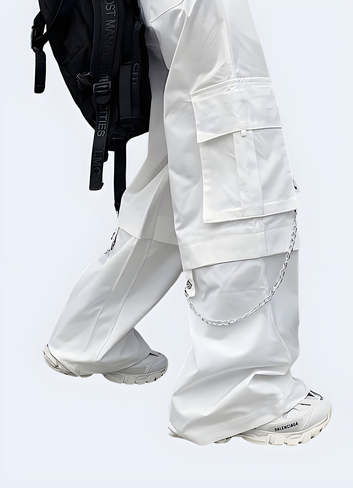 Back view of white women's cargo pants showing rear pockets and straight leg cut