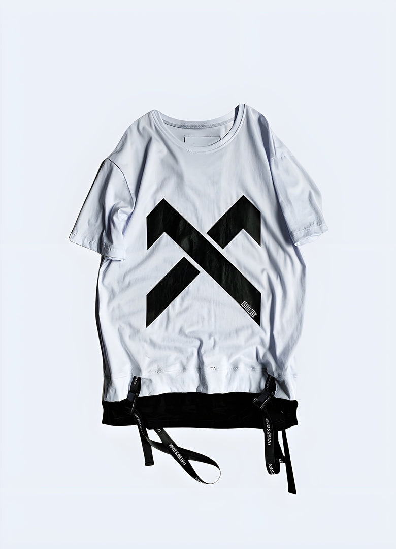 Front view of a white t-shirt featuring a striking X design, ideal for fashion enthusiasts seeking a minimalist yet impactful look in the canada.