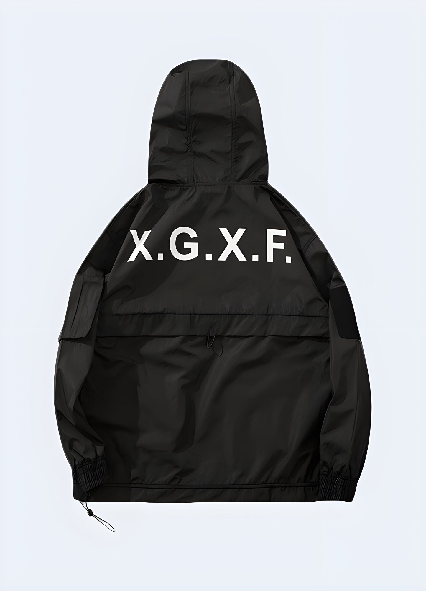 Back view of the XGXF jacket showcasing its multiple utility pockets, adjustable features, and rugged construction, perfect for storing essentials while navigating Canada's diverse terrain and weather conditions.