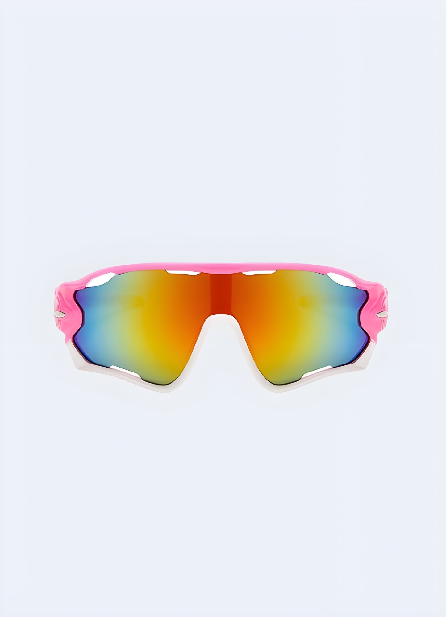 Mirrored pink lenses, UK a translucent frame, and trendy design capture the essence of the era.