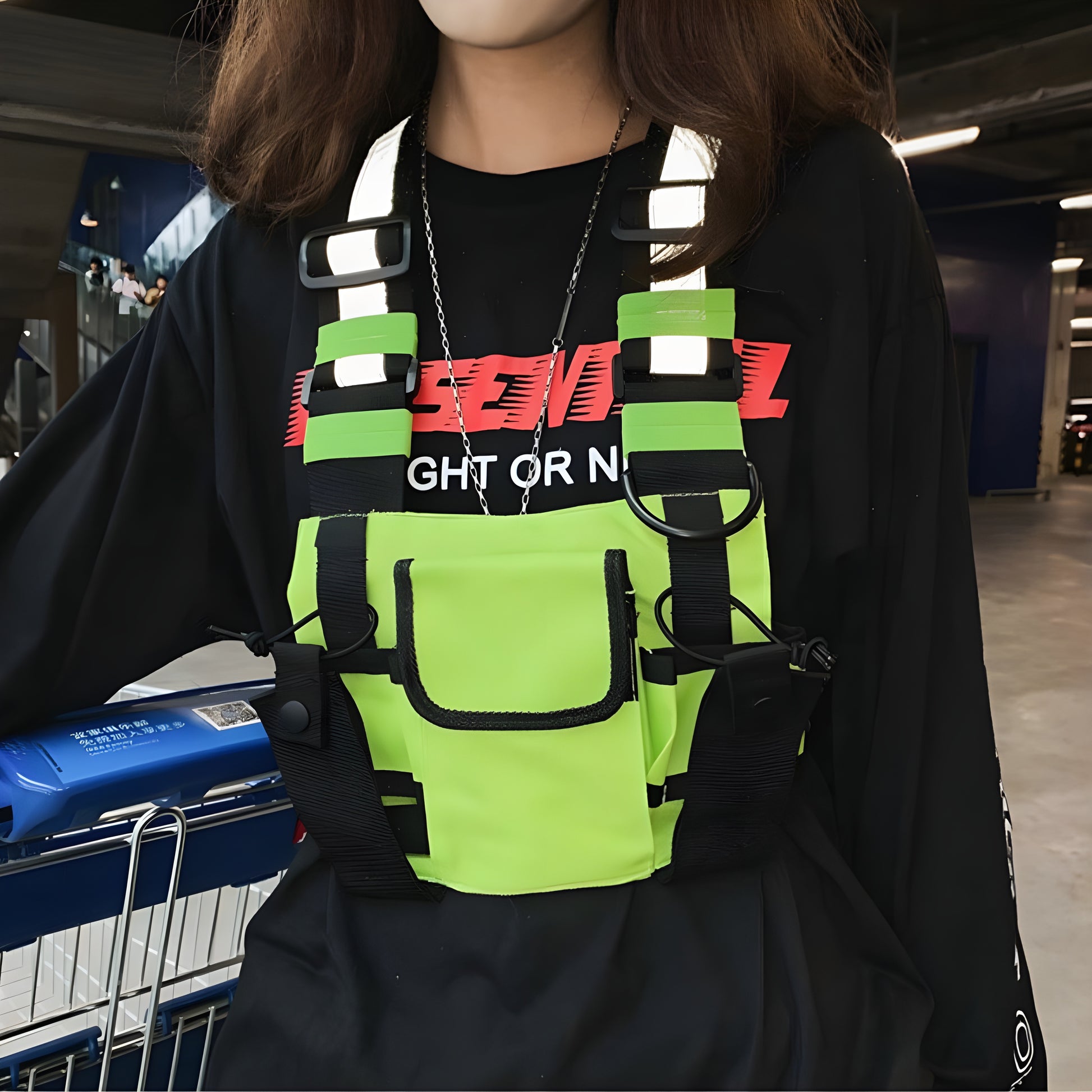 Model wearing a yellow chest bag from the front view, highlighting its vibrant hue and functional design Canada.