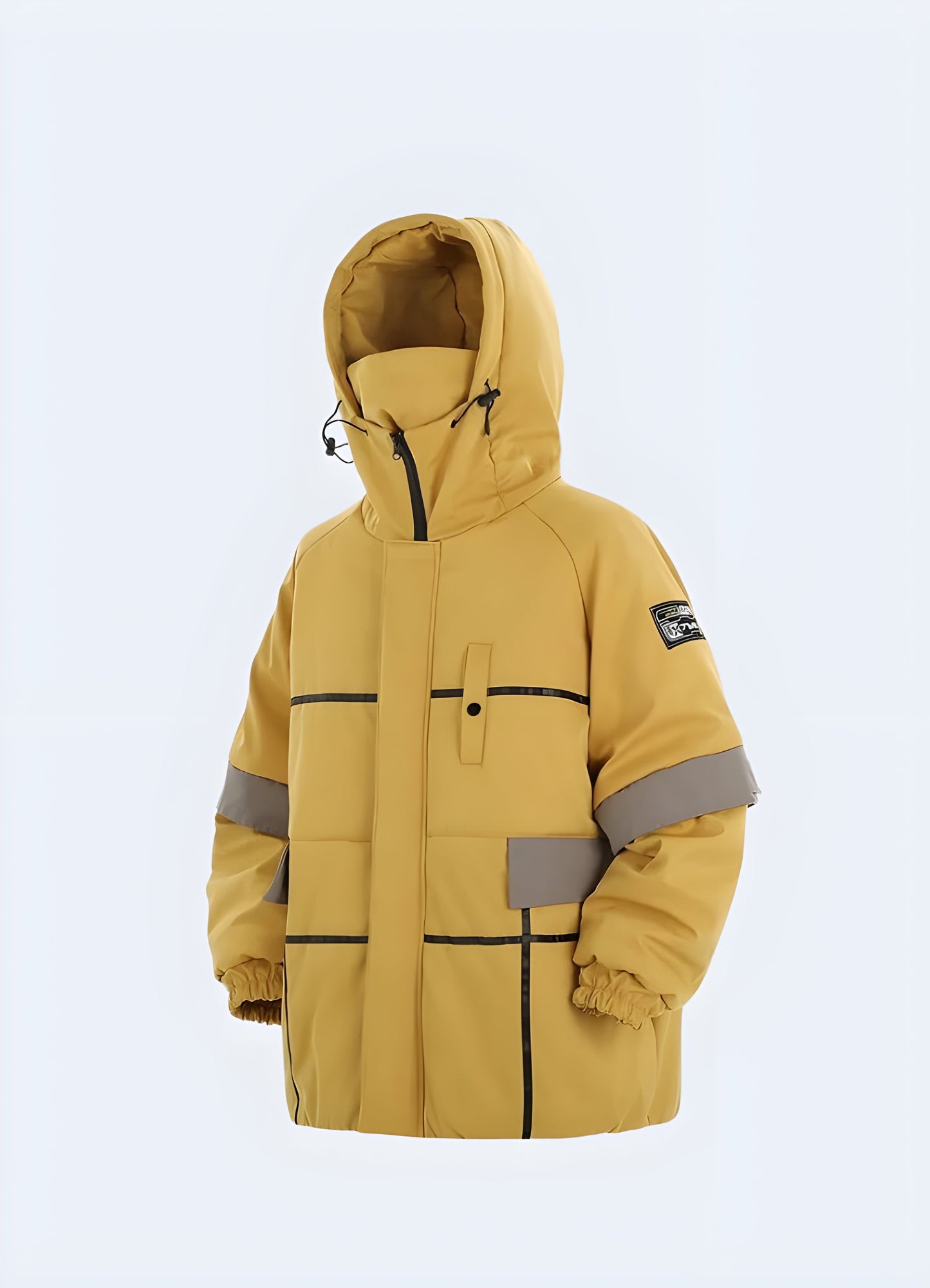 Front side view of a bold yellow techwear jacket highlighting its unique silhouette, multiple utility pockets, and durable construction, perfect for making a statement while navigating Canada's urban landscapes in comfort and style.