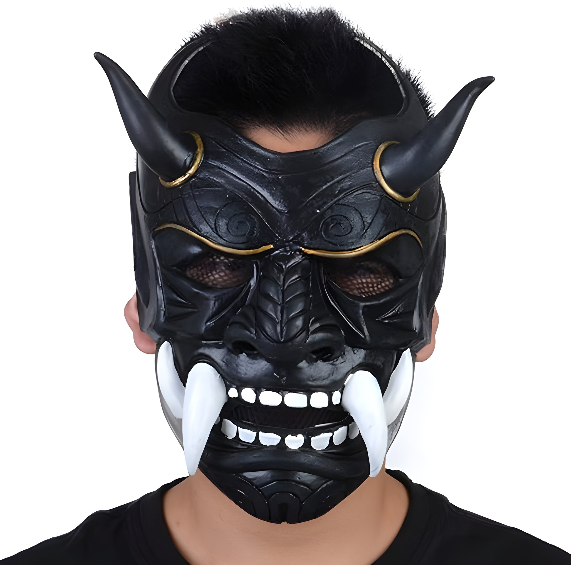 A man wearing a black Yokai techwear mask, captured from the front view, highlighting the mask's intricate design and fit on the model.