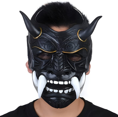 A man wearing a black Yokai techwear mask, captured from the front view, highlighting the mask's intricate design and fit on the model.