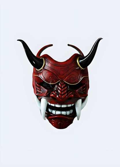 Front view of Yokai techwear mask in red with intricate details and high-quality material. Perfect for making a bold fashion statement Canada.