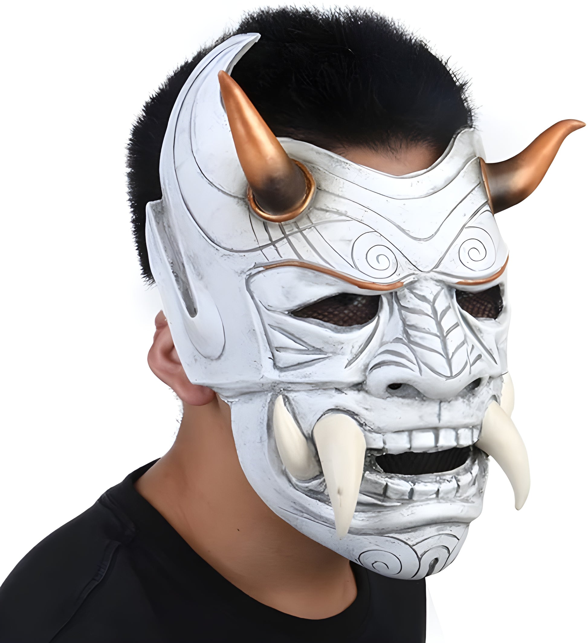 A man wearing a white Yokai techwear mask, captured side the front view, highlighting the mask's intricate design and fit on the model.